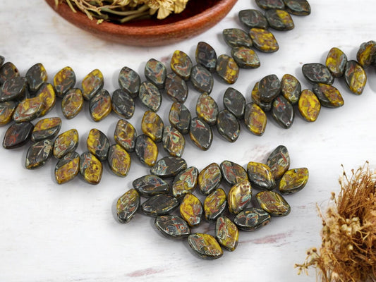 Leaf Beads - Picasso Beads - Czech Glass Beads - Top Drilled Leaf - Czech Glass Leaves - 12x8mm - 40pcs - (1719)