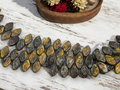 Leaf Beads - Picasso Beads - Czech Glass Beads - Top Drilled Leaf - Czech Glass Leaves - 12x8mm - 40pcs - (1719)