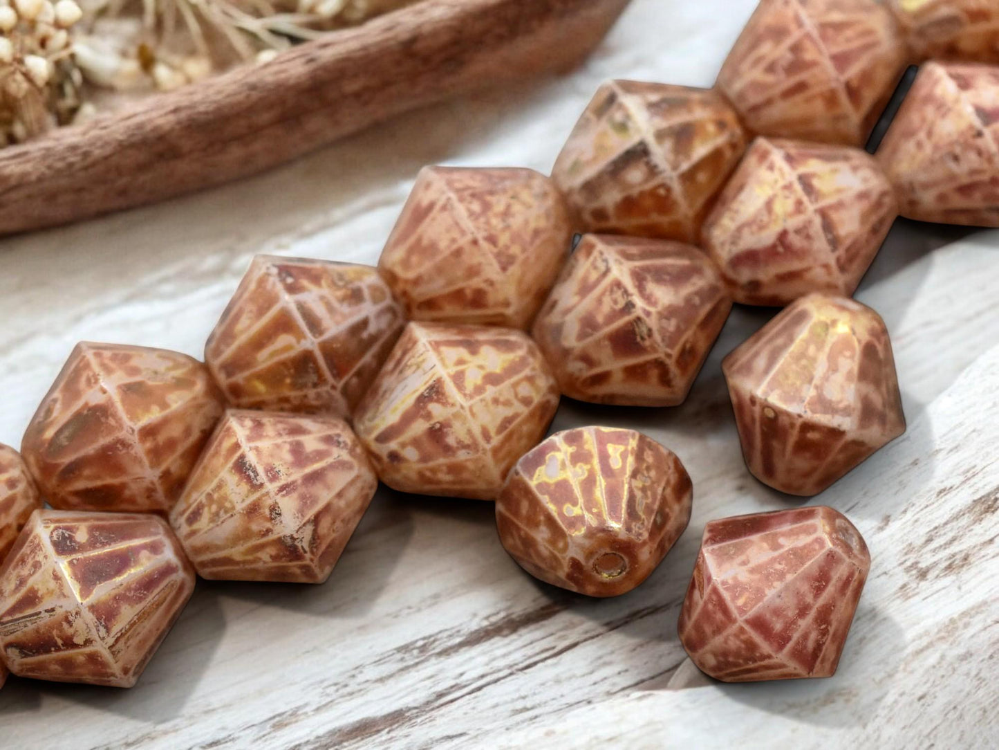 *2* 15mm Rose Gold Alabaster Faceted Bicone Beads