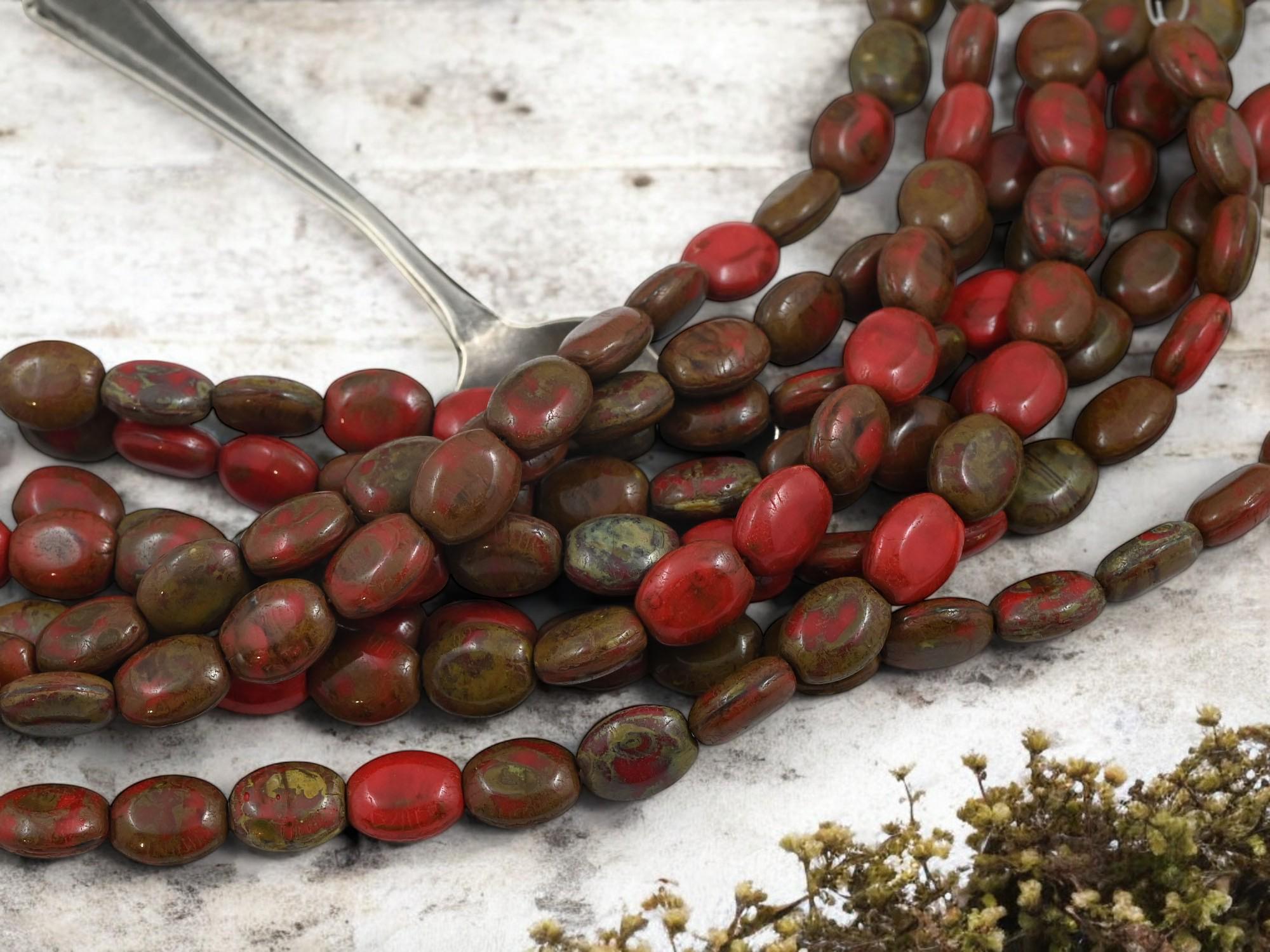 17* 11x9mm Opaque Red Travertine Puffy Oval Beads - The Bead Obsession