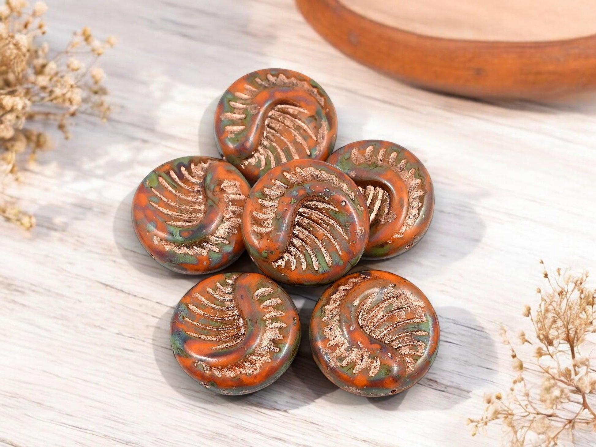 Czech Glass Beads - Fossil Beads - Focal Beads - Large Coin Beads - 19mm - 6pcs - (2580)