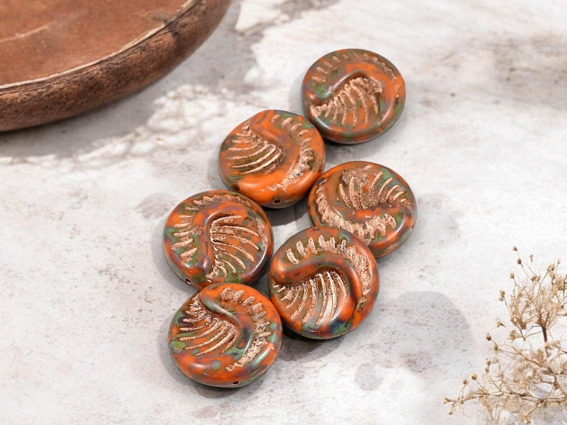 Czech Glass Beads - Fossil Beads - Focal Beads - Large Coin Beads - 19mm - 6pcs - (2580)