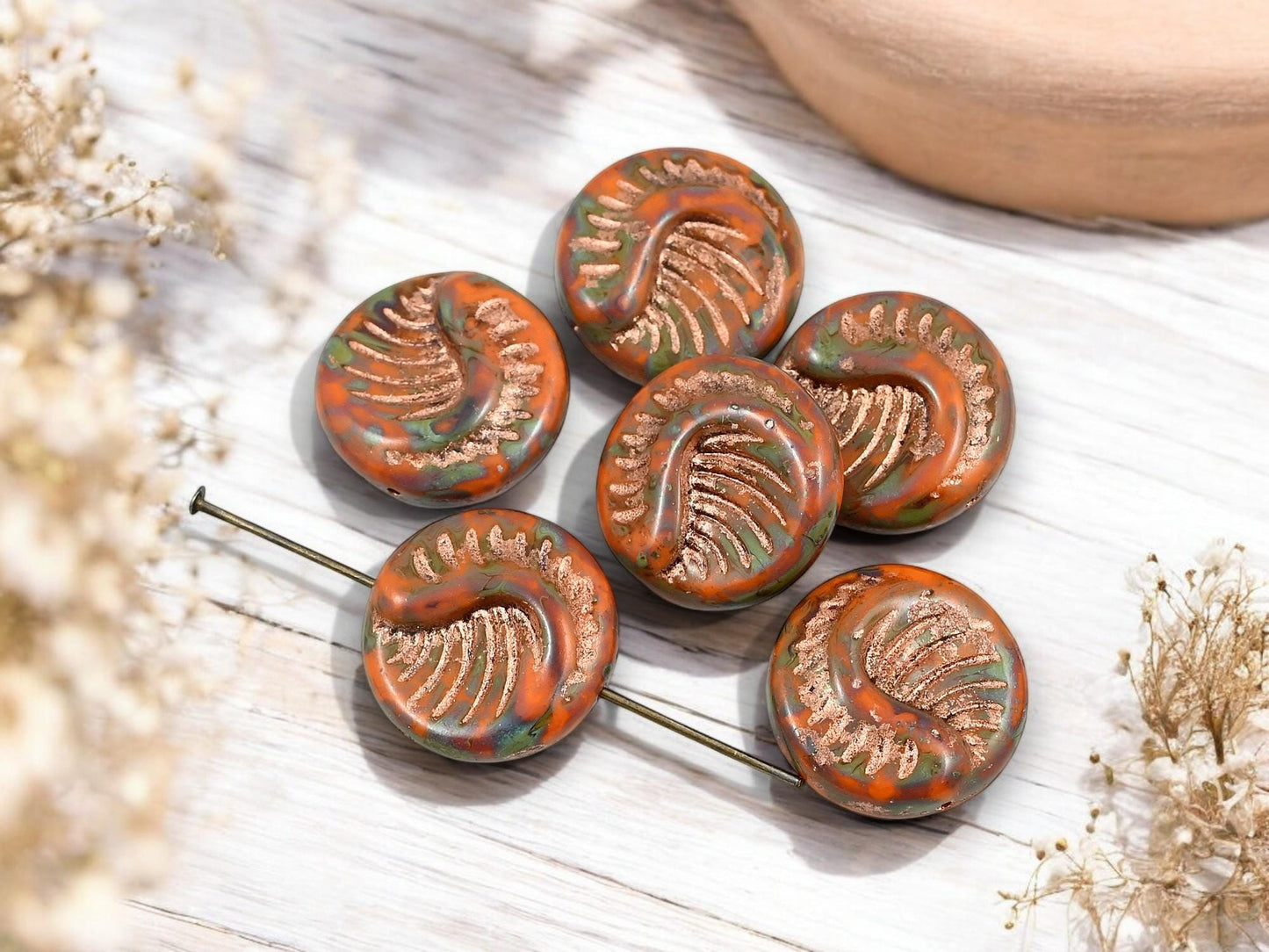 Czech Glass Beads - Fossil Beads - Focal Beads - Large Coin Beads - 19mm - 6pcs - (2580)