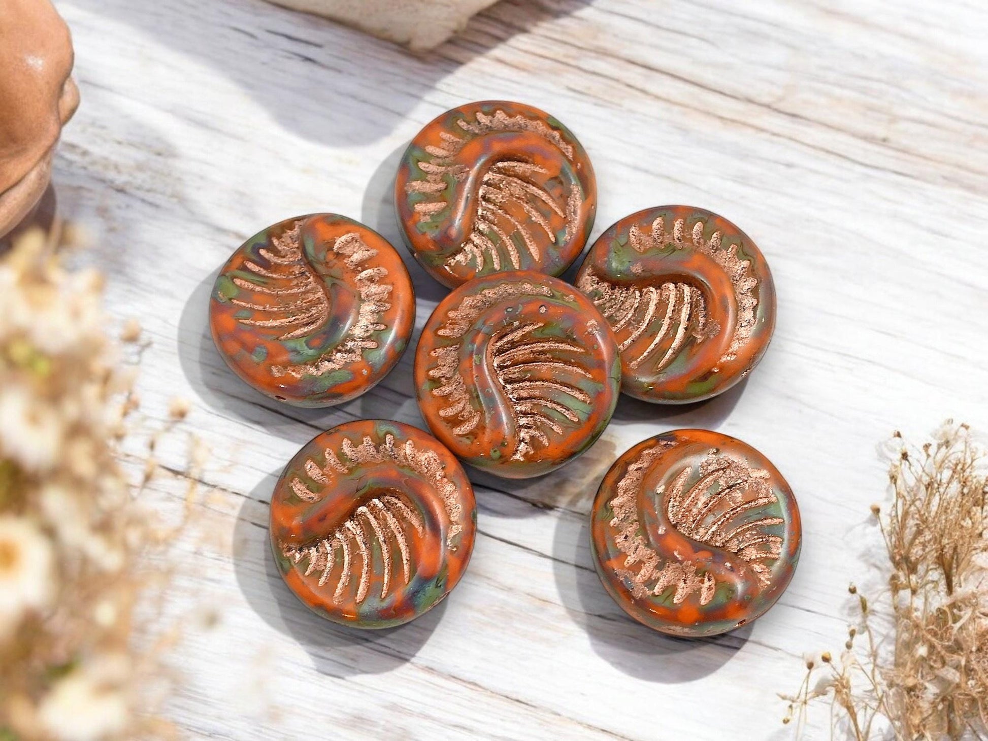 Czech Glass Beads - Fossil Beads - Focal Beads - Large Coin Beads - 19mm - 6pcs - (2580)