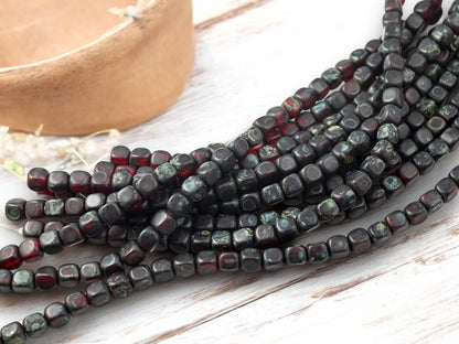 Czech Glass Beads - Picasso Beads - Travertine Beads - Cube Beads - Vintage Czech Beads - 6mm - 8 inch strand - (6138)