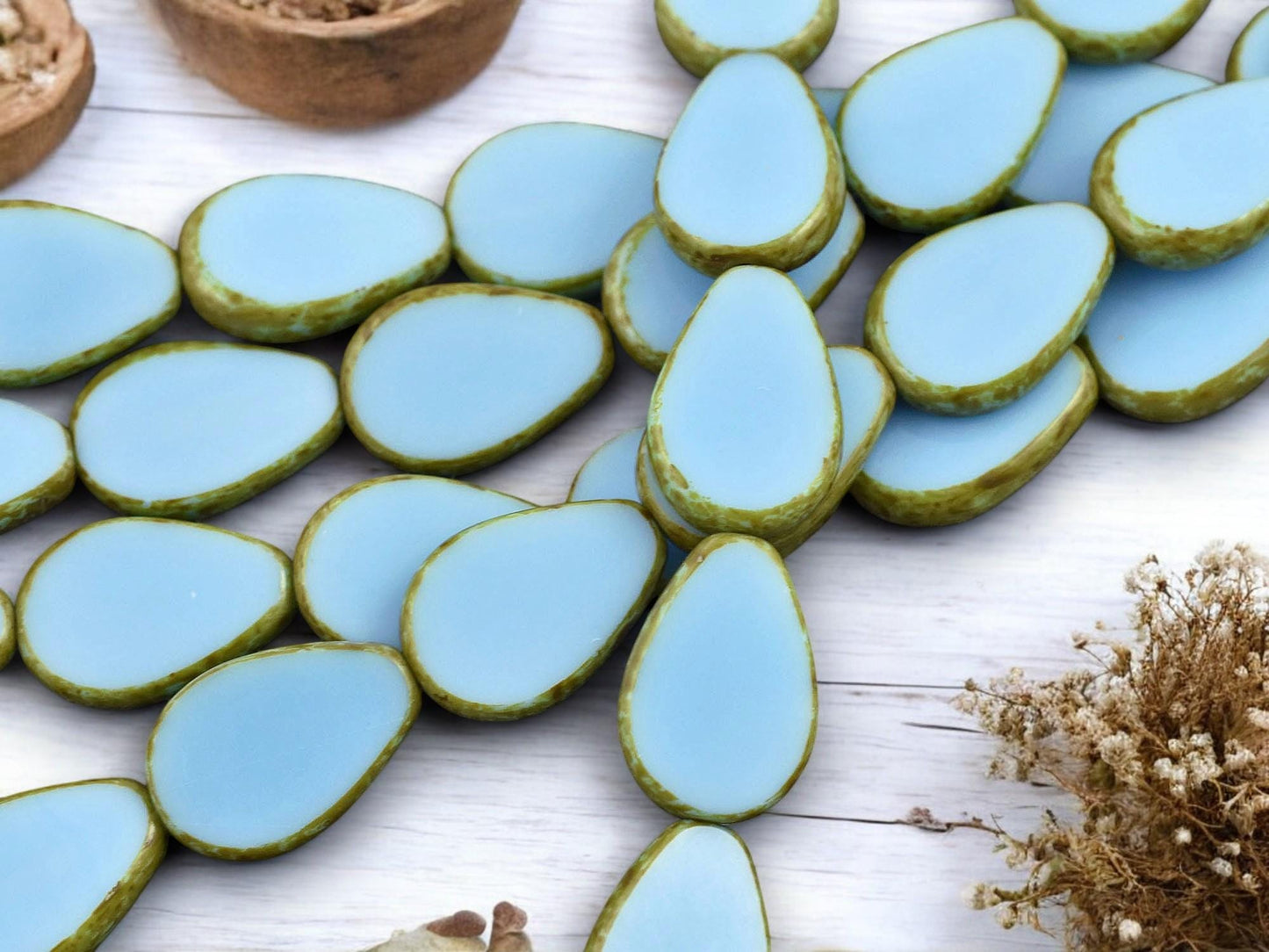 *8* 12x18mm Robins Egg Blue Picasso Table Cut Flat Teardrop Beads