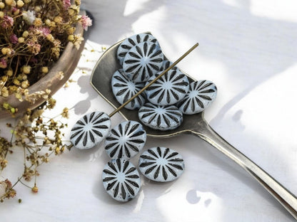 Czech Glass Beads - Oval Beads - Black White Beads - Old Stock Beads - 13x11mm - 11pcs - (2197)