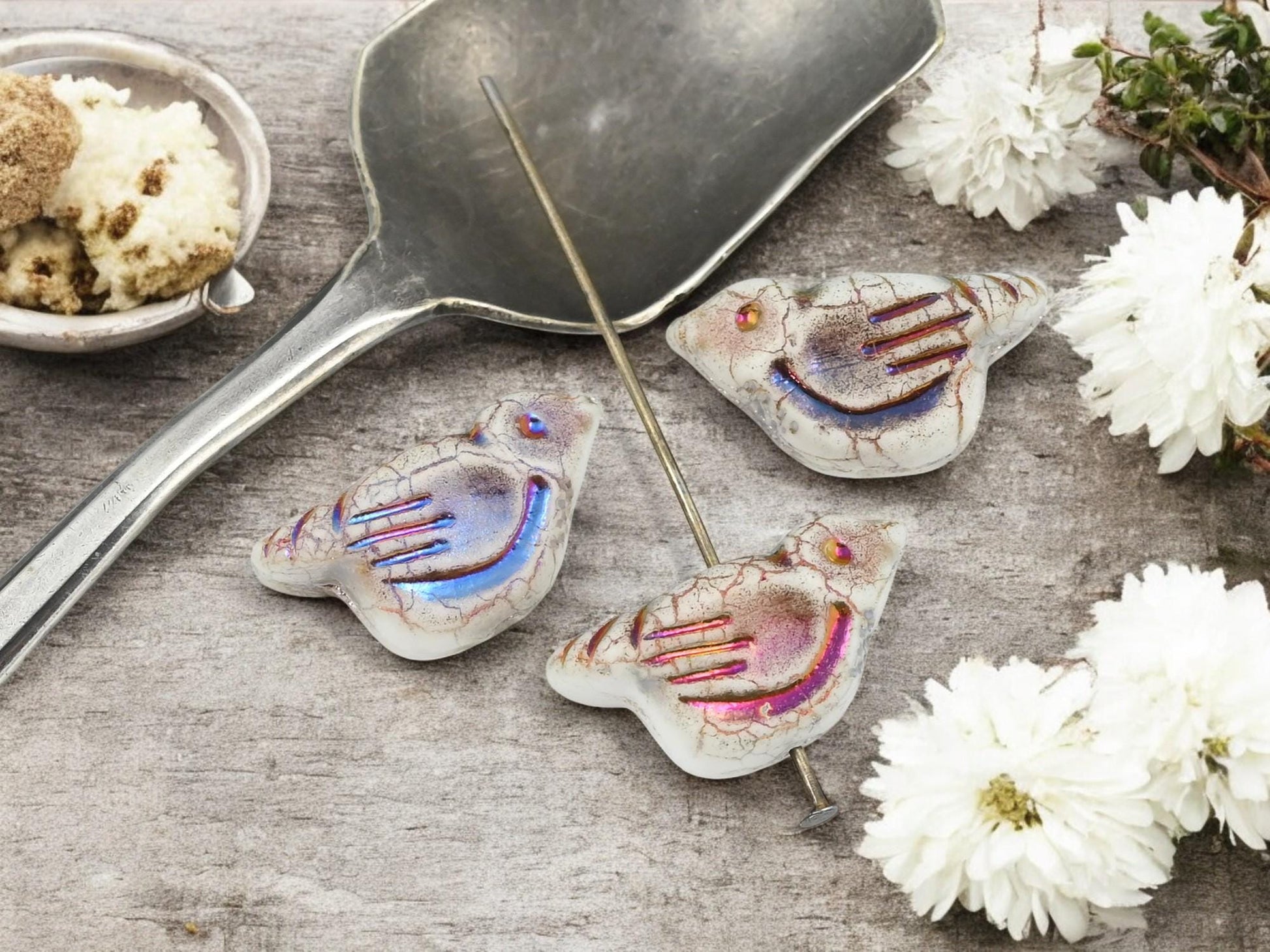 Bird Beads - Czech Glass Beads - Picasso Beads - Animal Beads - Czech Glass Bird Beads - 6pcs - 11x22mm - (5585)