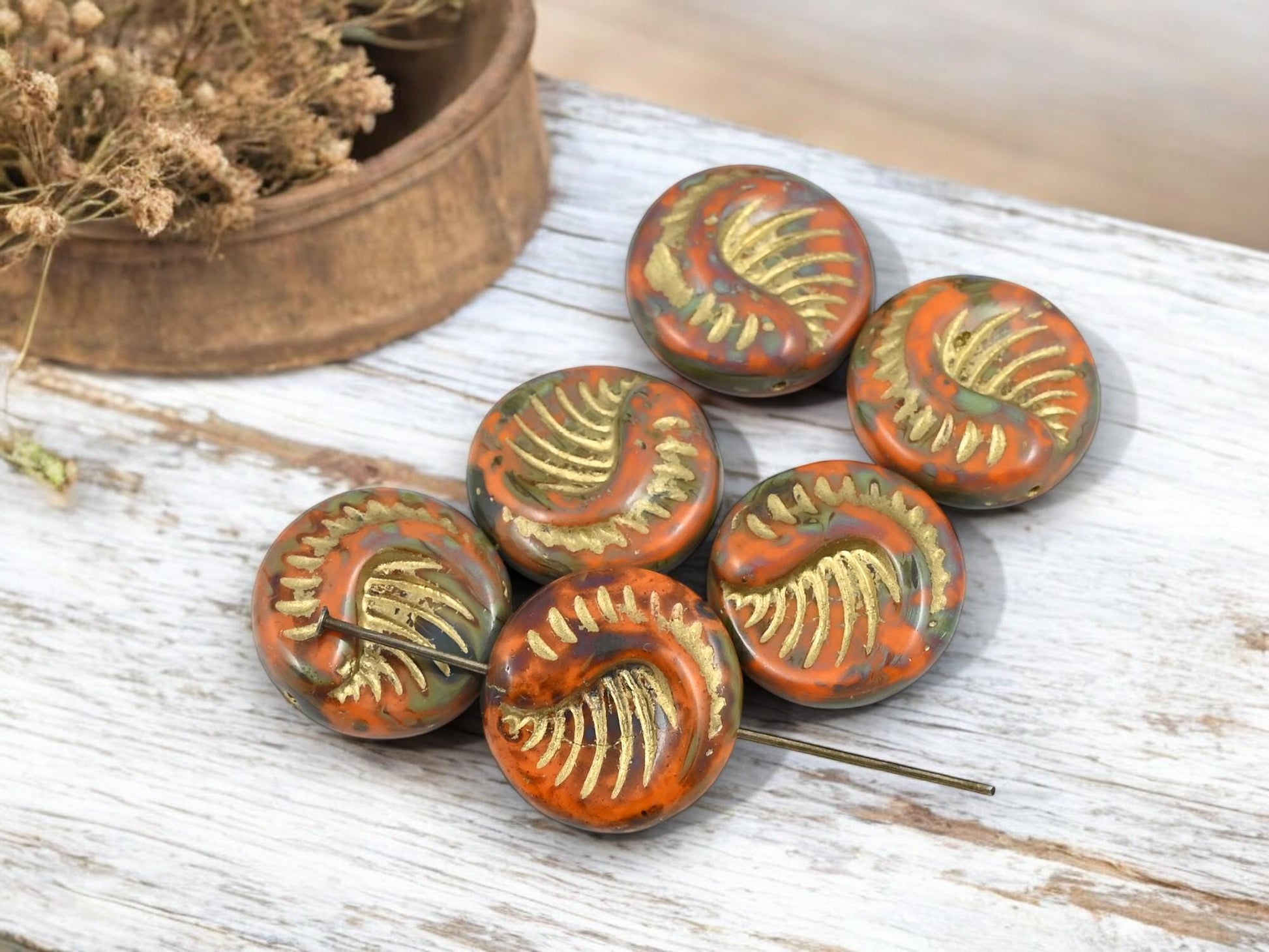 Czech Glass Beads - Fossil Beads - Focal Beads - Large Coin Beads - 19mm - 6pcs - (3888)