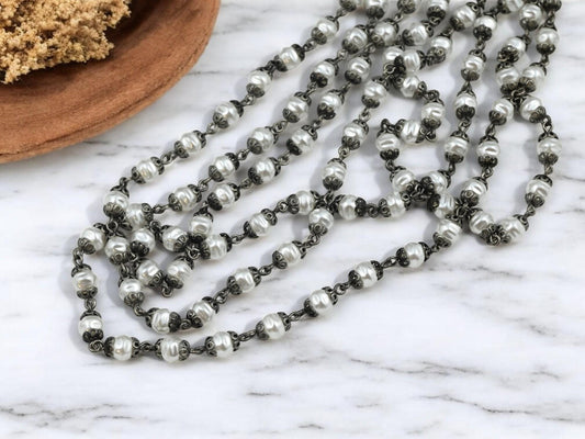 Pearl Chain - Rosary Chain - Beaded Chain - Czech Glass Pearls - Czech Glass Beads - 6mm or 8mm - Sold by the foot