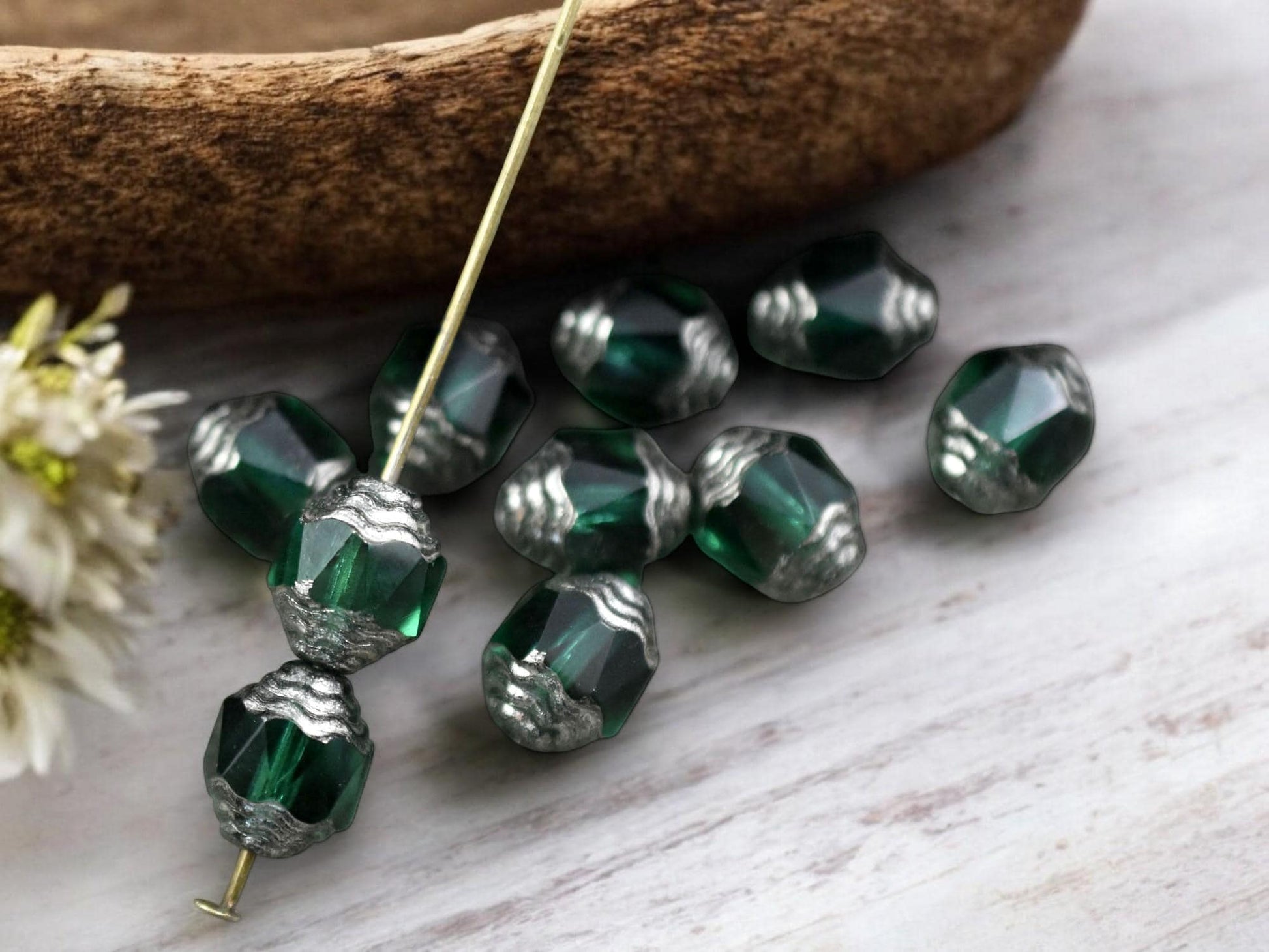 *15* 8x10mm Silver Tipped Emerald Green Fire Polished Cathedral Beads