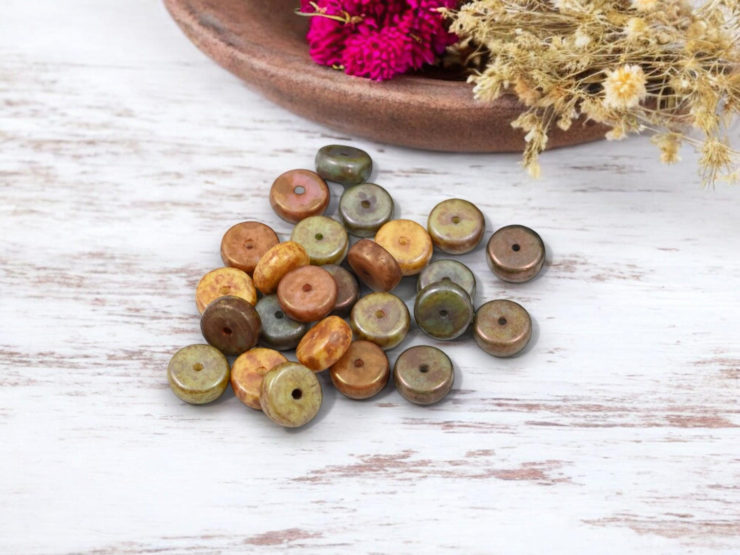 Rondelle Beads - Picasso Beads - Czech Glass Beads - Disc Beads - Spacer Beads - Czech Rondelle - 10mm - 25pcs - (B120)