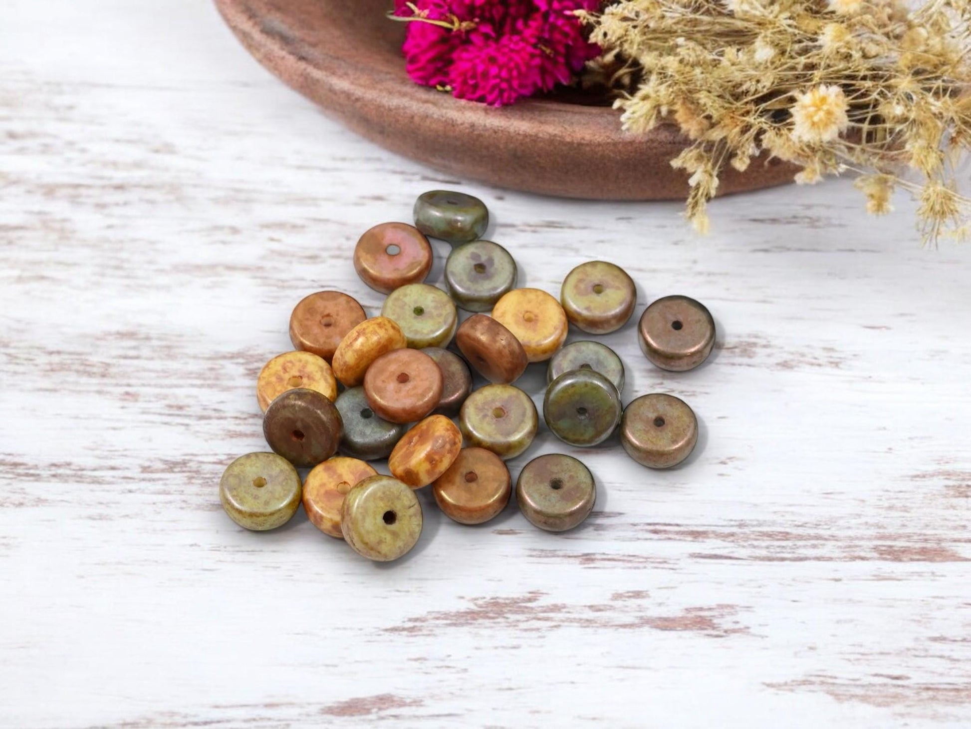 Rondelle Beads - Picasso Beads - Czech Glass Beads - Disc Beads - Spacer Beads - Czech Rondelle - 10mm - 25pcs - (B120)