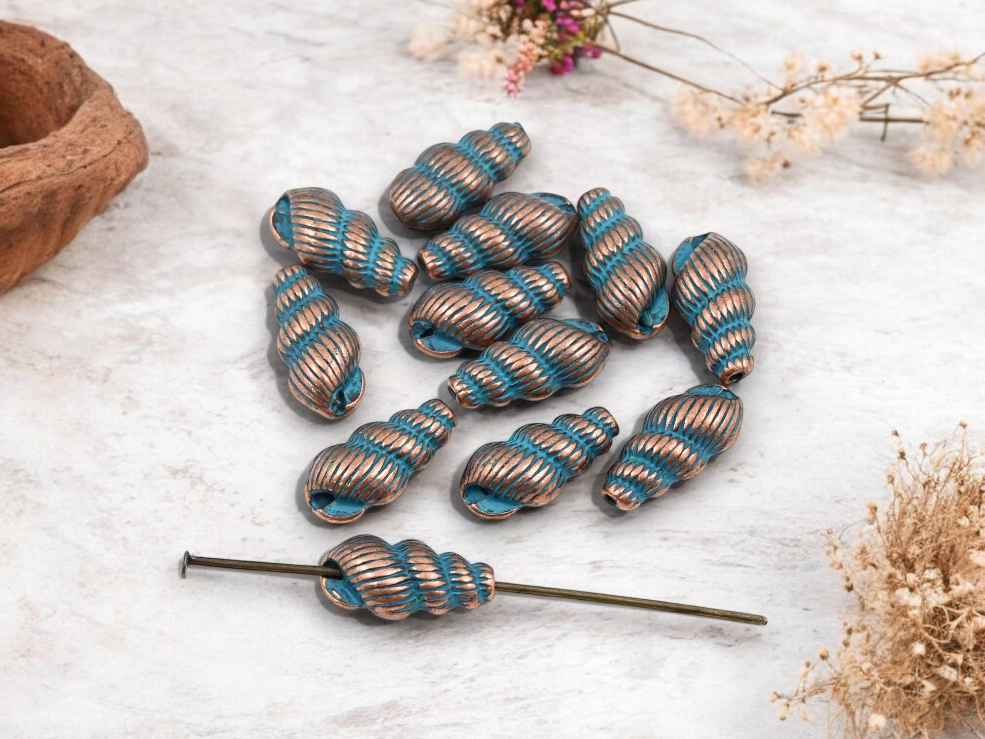 Metal Beads - Metal Charms - Conch Shell Charm - Patina Charms - Copper Charms - 30pcs - 15x7mm - (4069)