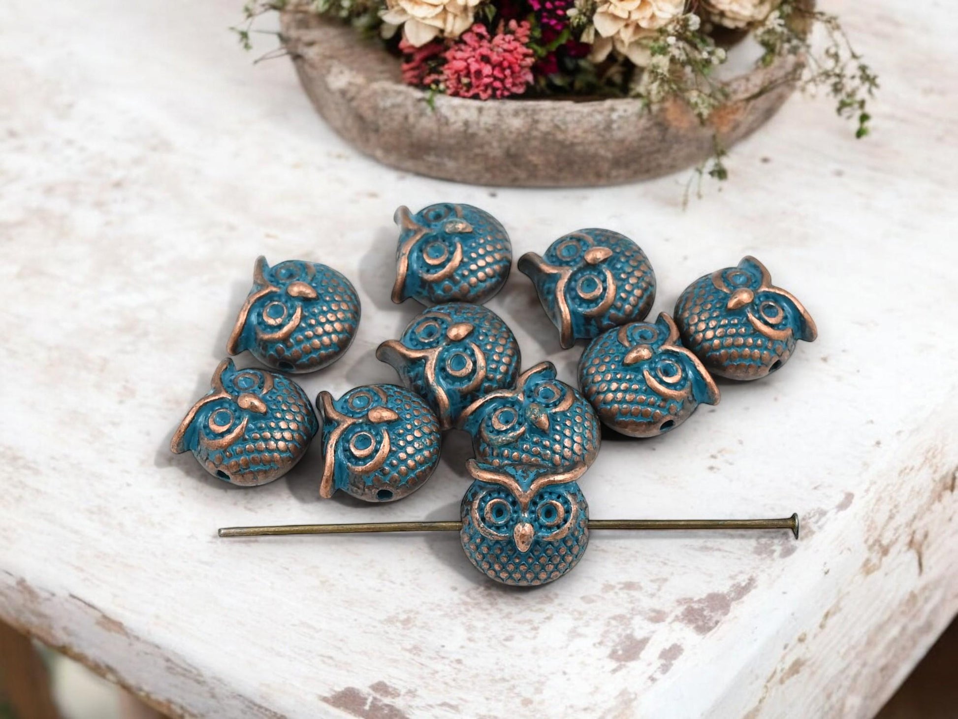 Metal Beads - Owl Charms - Owl Beads - Patina Beads - Copper Beads - 30pcs - 11mm - (3311)