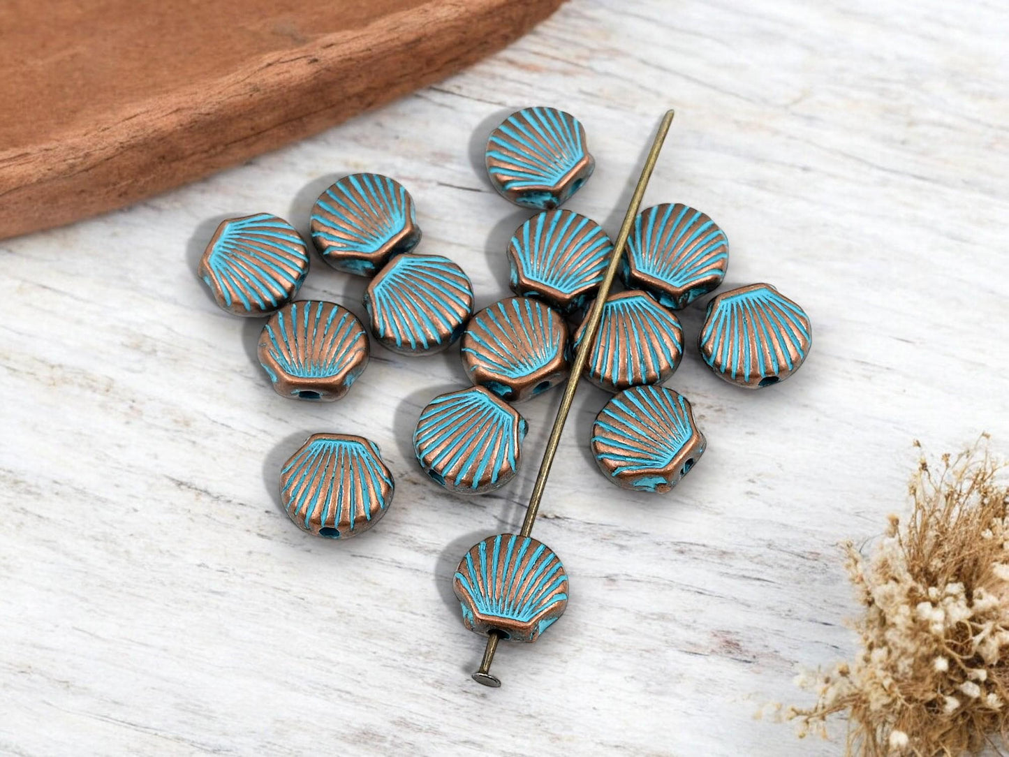 Metal Beads - Patina Beads - Shell Beads - Seashell Beads - Copper Beads - 30pcs - 9x8mm - (5225)