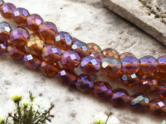 *20* 10mm Amber Topaz AB Fire Polished Round Beads
