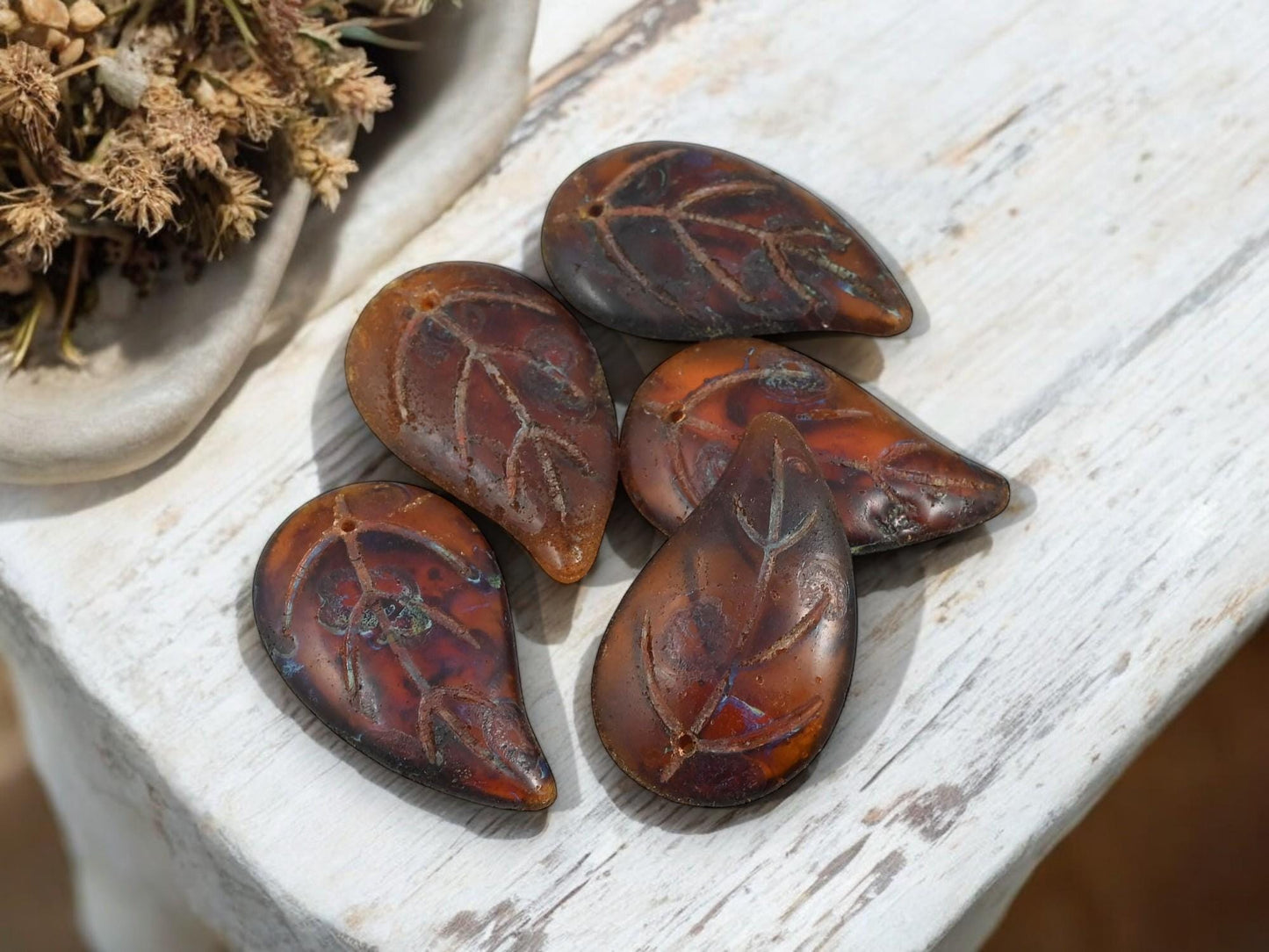 *2* 34x20mm Amber Blue Picasso Top Hole Leaf Beads