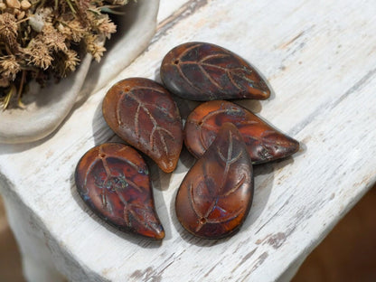 *2* 34x20mm Amber Blue Picasso Top Hole Leaf Beads