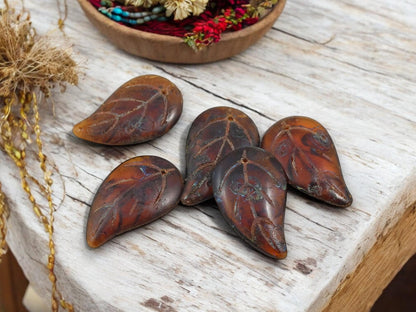 *2* 34x20mm Amber Blue Picasso Top Hole Leaf Beads