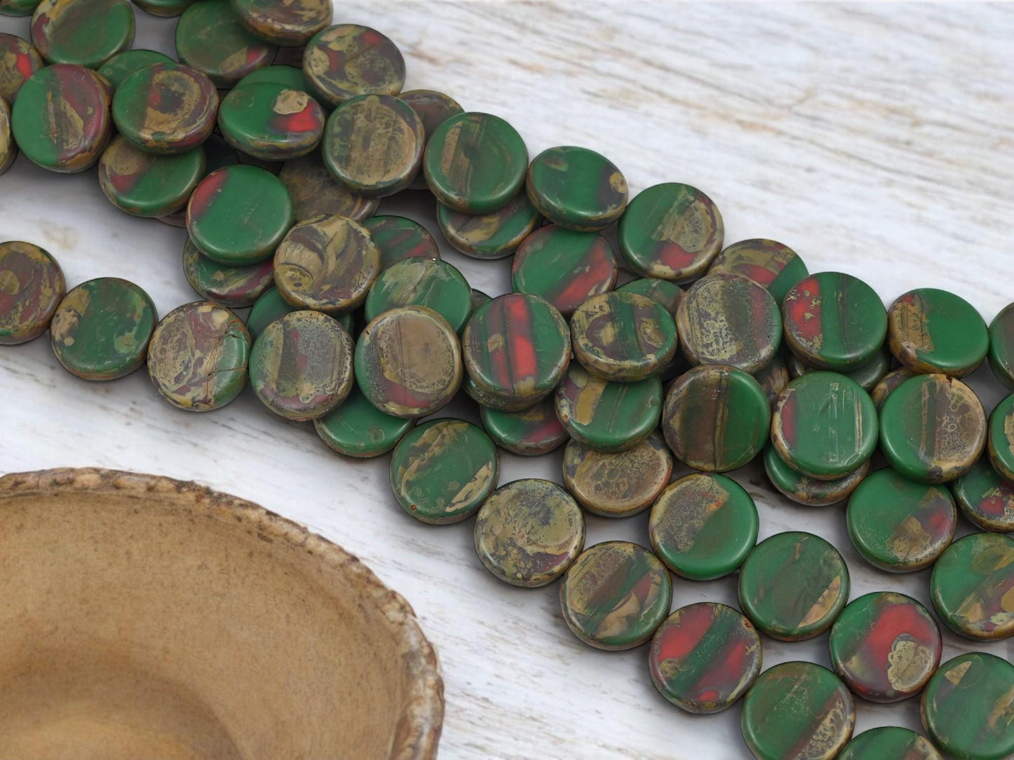 Raku Beads - Picasso Beads - Czech Glass Beads - Organic Beads - Coin Beads - Vintage Beads - 14mm - 15pcs (4808)
