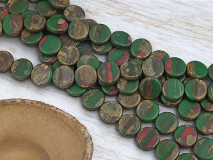 Raku Beads - Picasso Beads - Czech Glass Beads - Organic Beads - Coin Beads - Vintage Beads - 14mm - 15pcs (4808)