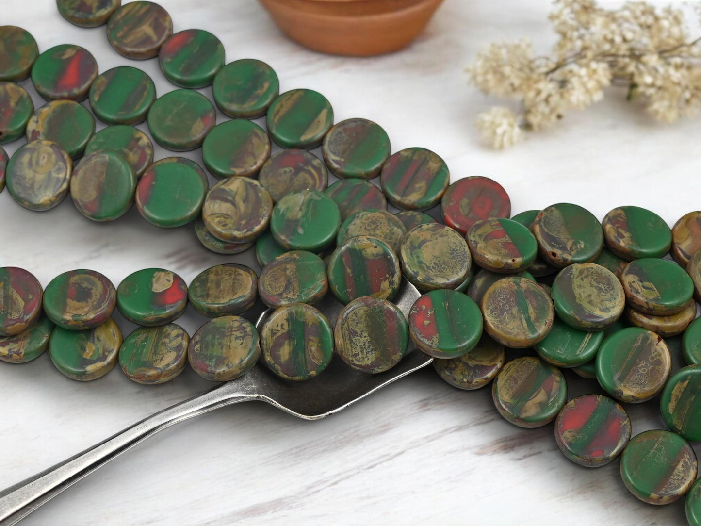 Raku Beads - Picasso Beads - Czech Glass Beads - Organic Beads - Coin Beads - Vintage Beads - 14mm - 15pcs (4808)