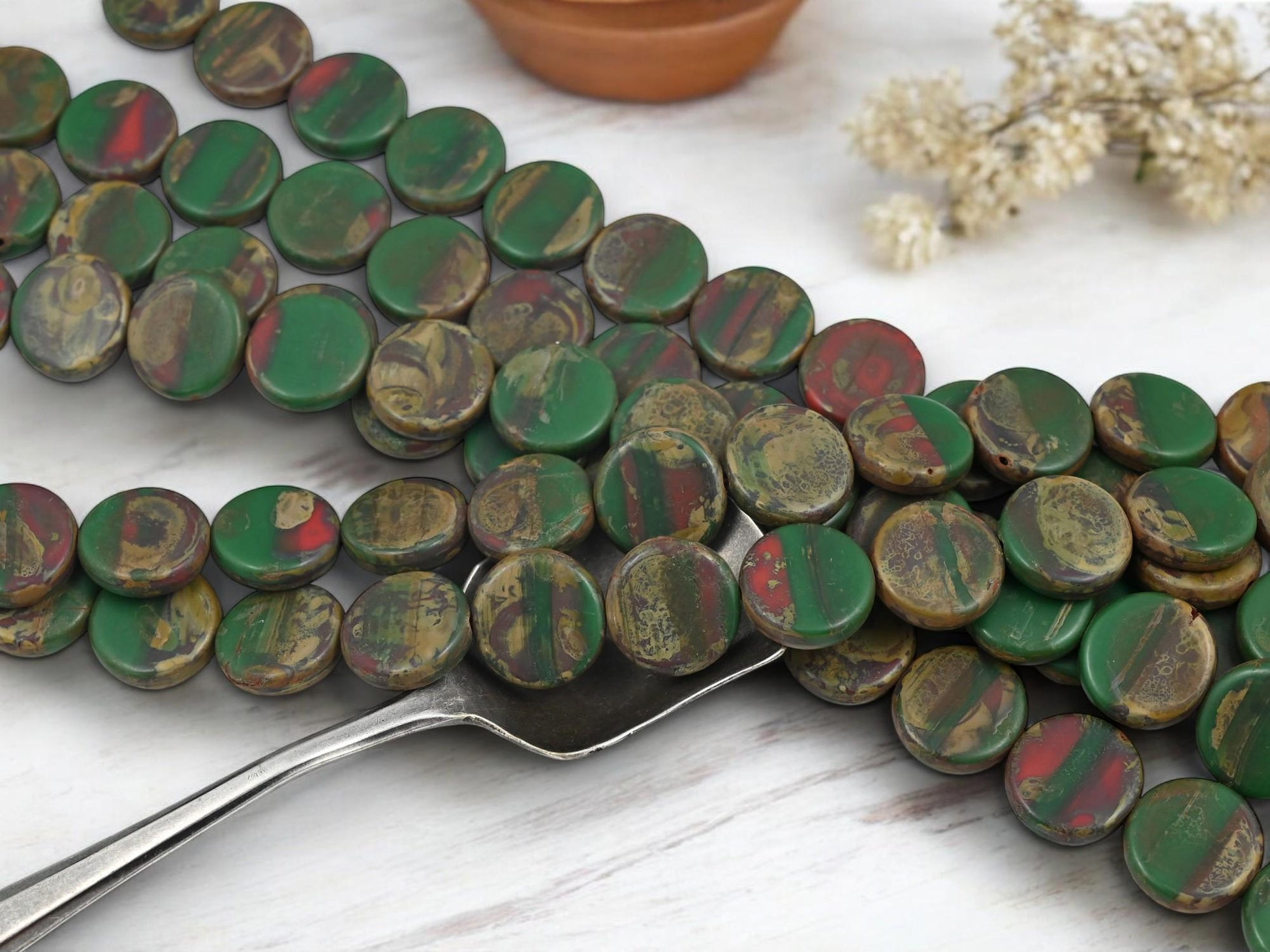 Raku Beads - Picasso Beads - Czech Glass Beads - Organic Beads - Coin Beads - Vintage Beads - 14mm - 15pcs (4808)