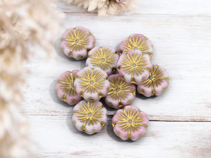 Czech Flower Beads - Picasso Beads - Czech Glass Beads - Hibiscus Flower Beads - Hawaiian Flower Beads - 10pcs - 14mm - (4328)