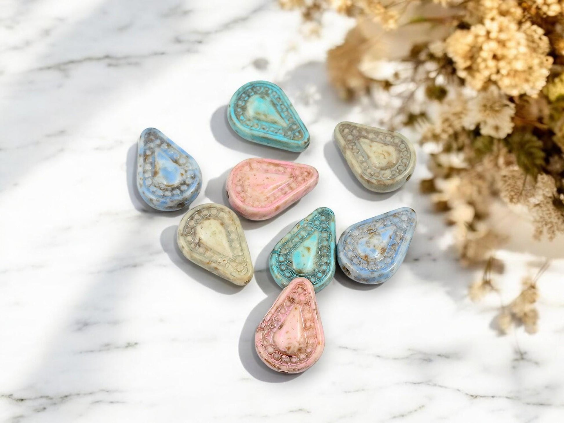 Czech Glass Beads - Mixed Beads - Teardrop Beads - Filigree Style Beads - Tear Drop Beads - 8pcs - 14x10mm - (460)