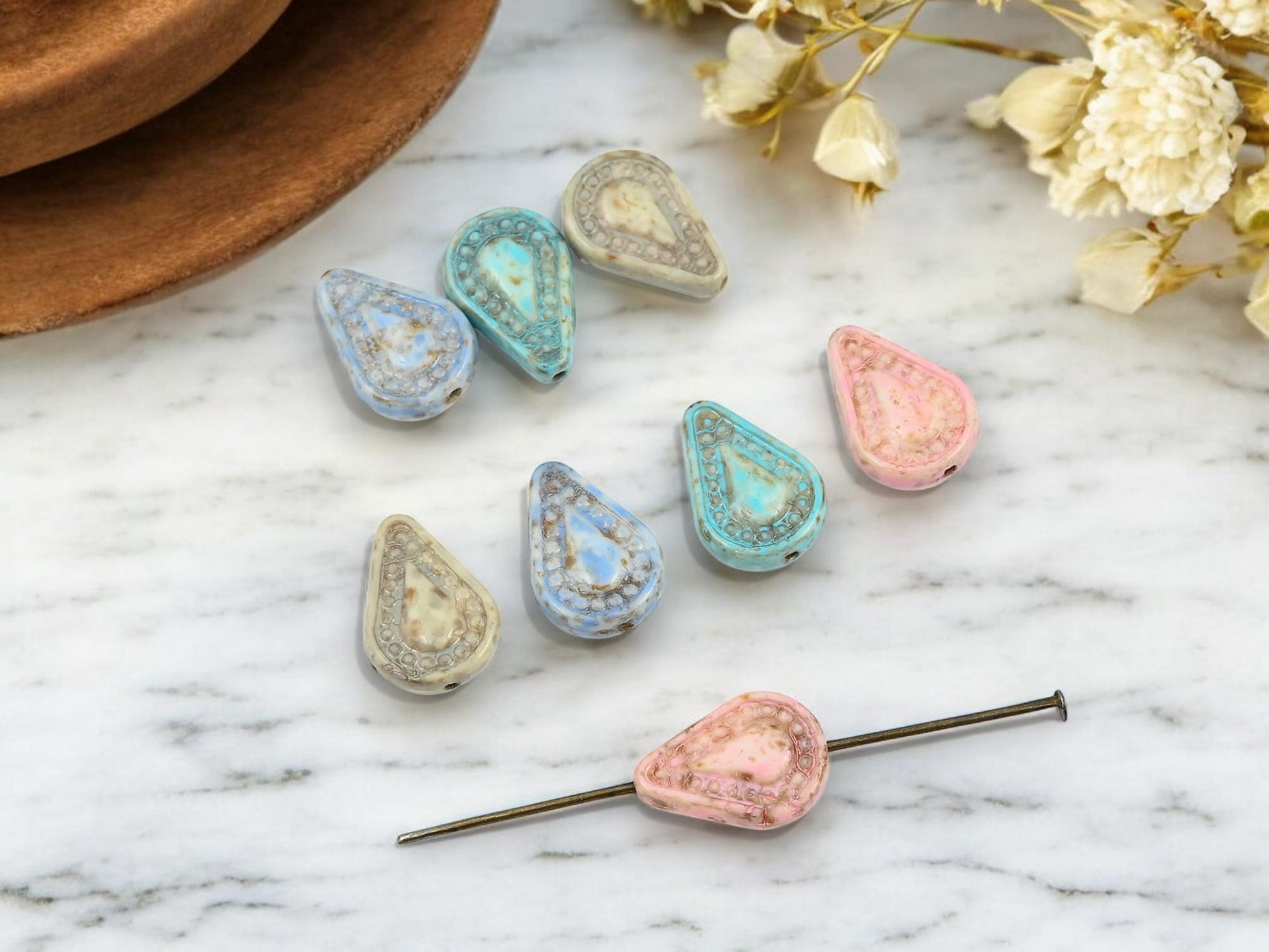 Czech Glass Beads - Mixed Beads - Teardrop Beads - Filigree Style Beads - Tear Drop Beads - 8pcs - 14x10mm - (460)