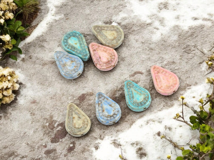 Czech Glass Beads - Mixed Beads - Teardrop Beads - Filigree Style Beads - Tear Drop Beads - 8pcs - 14x10mm - (460)