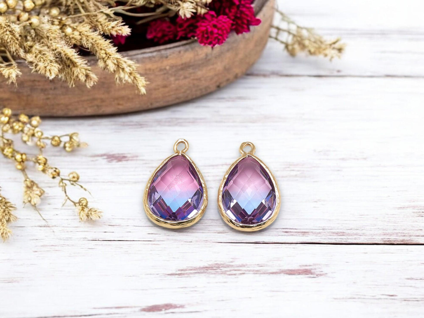 Drop Charms - Glass Pendants - Bezel Pendant - Teardrop Pendant - Gold Pendant - 23x15mm - 5pcs - (4508)