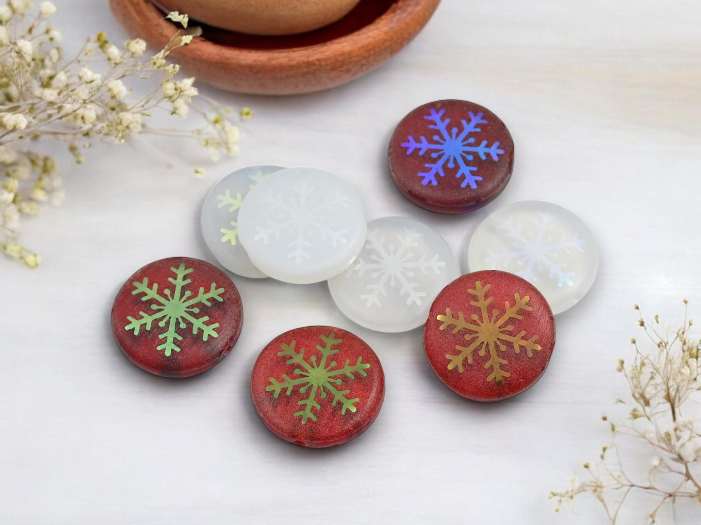 Czech Glass Beads - Snowflake Beads - Focal Beads - Laser Etched Beads - Coin Beads - 17mm - 8pcs - (4347)