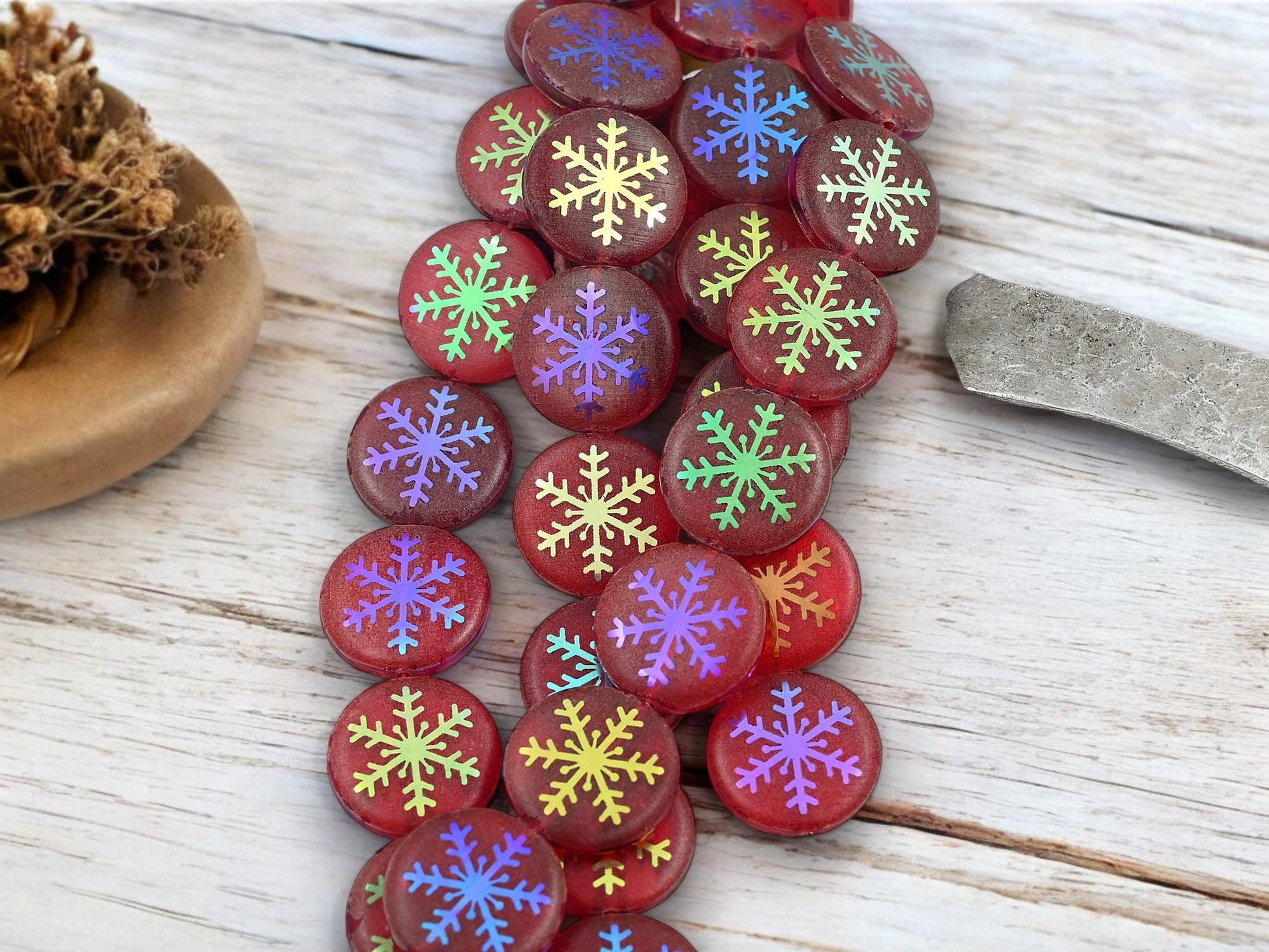 Czech Glass Beads - Snowflake Beads - Focal Beads - Laser Etched Beads - Coin Beads - 17mm - 8pcs - (A412)
