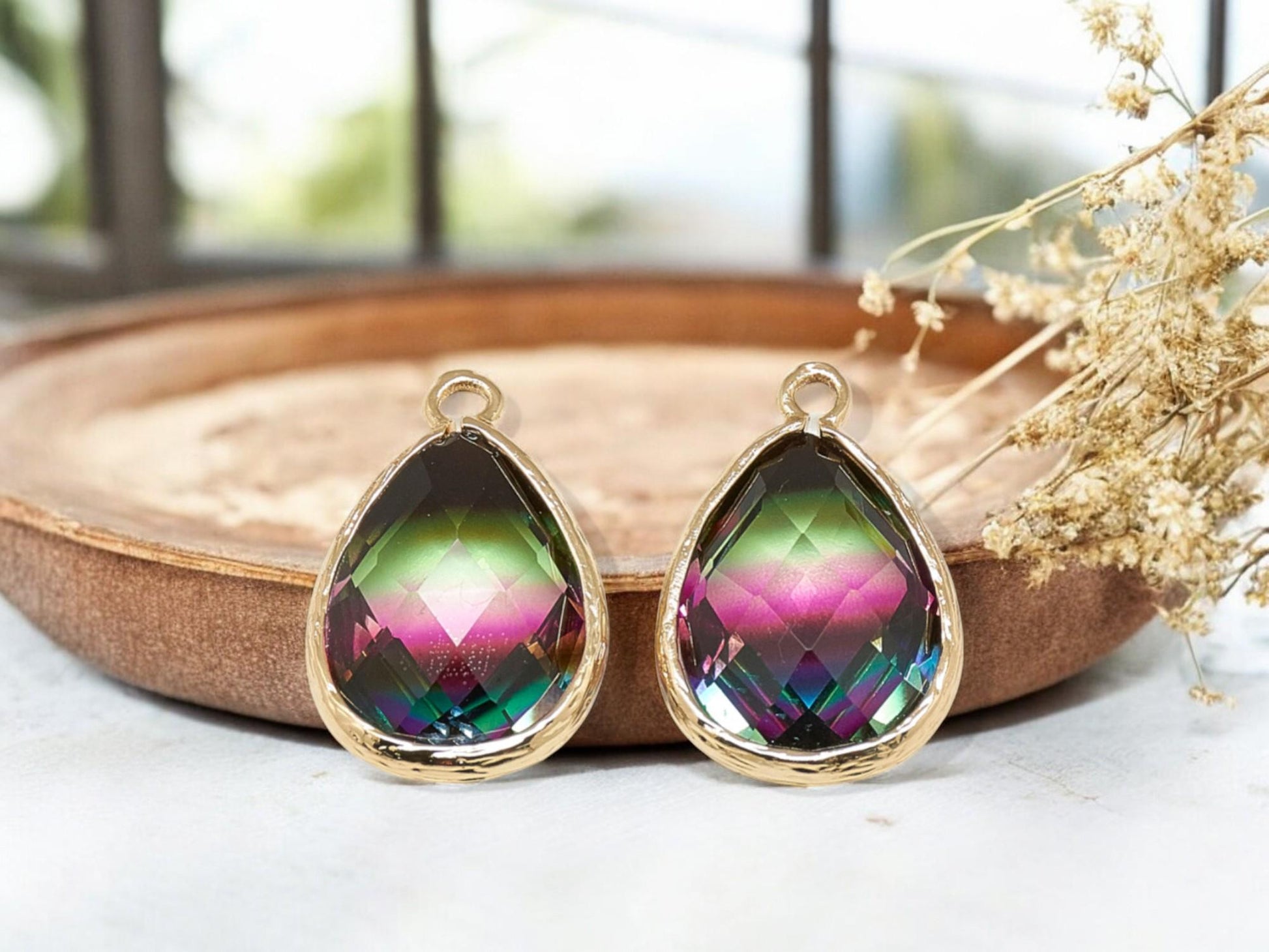 Glass Pendants - Bezel Pendant - Teardrop Pendant - Gold Pendant - 23x15mm - 5pcs - (1563)