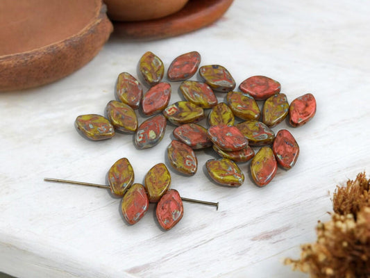Leaf Beads - Picasso Beads - Czech Glass Beads - Top Drilled Leaf - Old Stock Beads - 12x8mm - 40pcs - (A695)