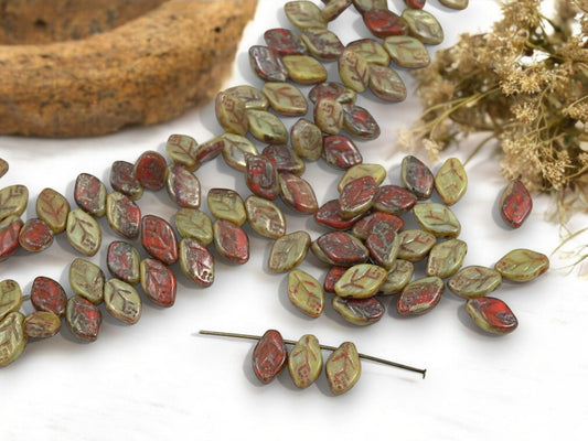 Leaf Beads - Picasso Beads - Czech Glass Beads - Top Drilled Leaf - Old Stock Beads - 12x8mm - 40pcs - (795)