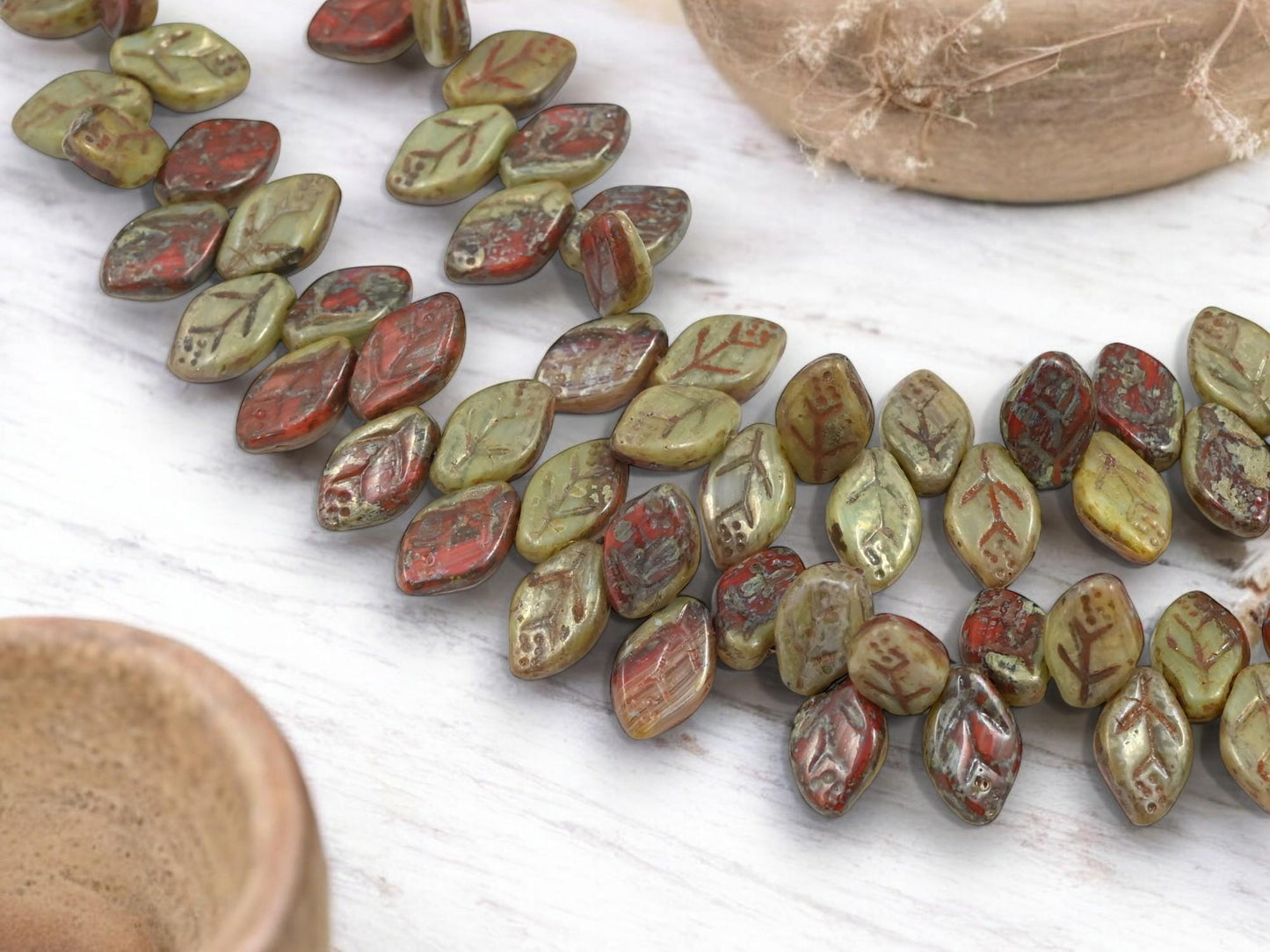 Leaf Beads - Picasso Beads - Czech Glass Beads - Top Drilled Leaf - Old Stock Beads - 12x8mm - 40pcs - (795)