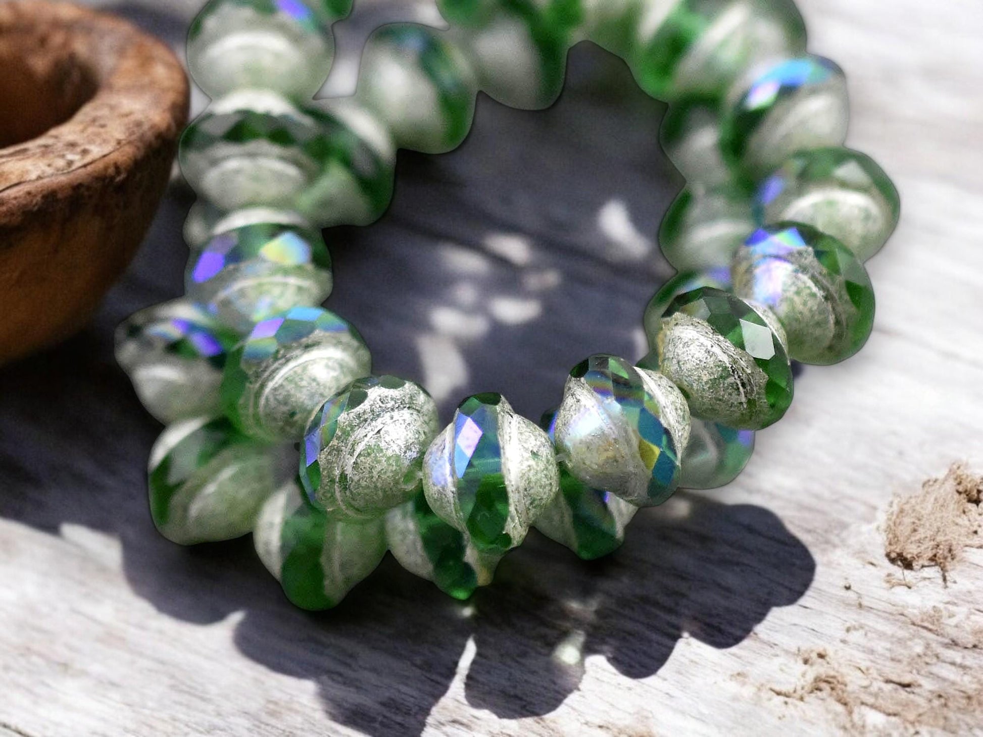 *15* 8x10mm Antique Silver Washed Emerald AB Saturn Beads