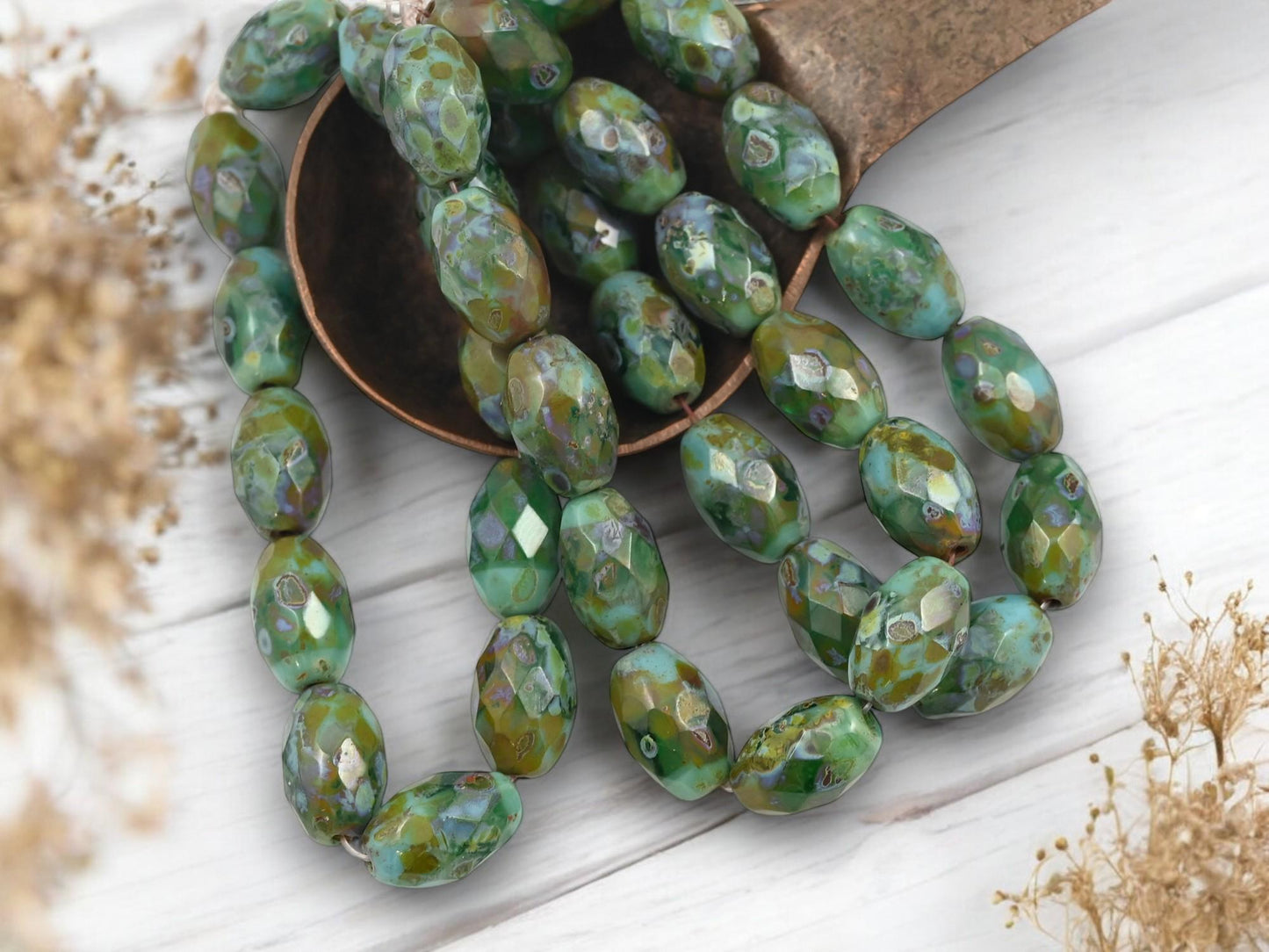 *12* 12x8mm Mottled Turquoise Picasso Fire Polished Faceted Oval Beads