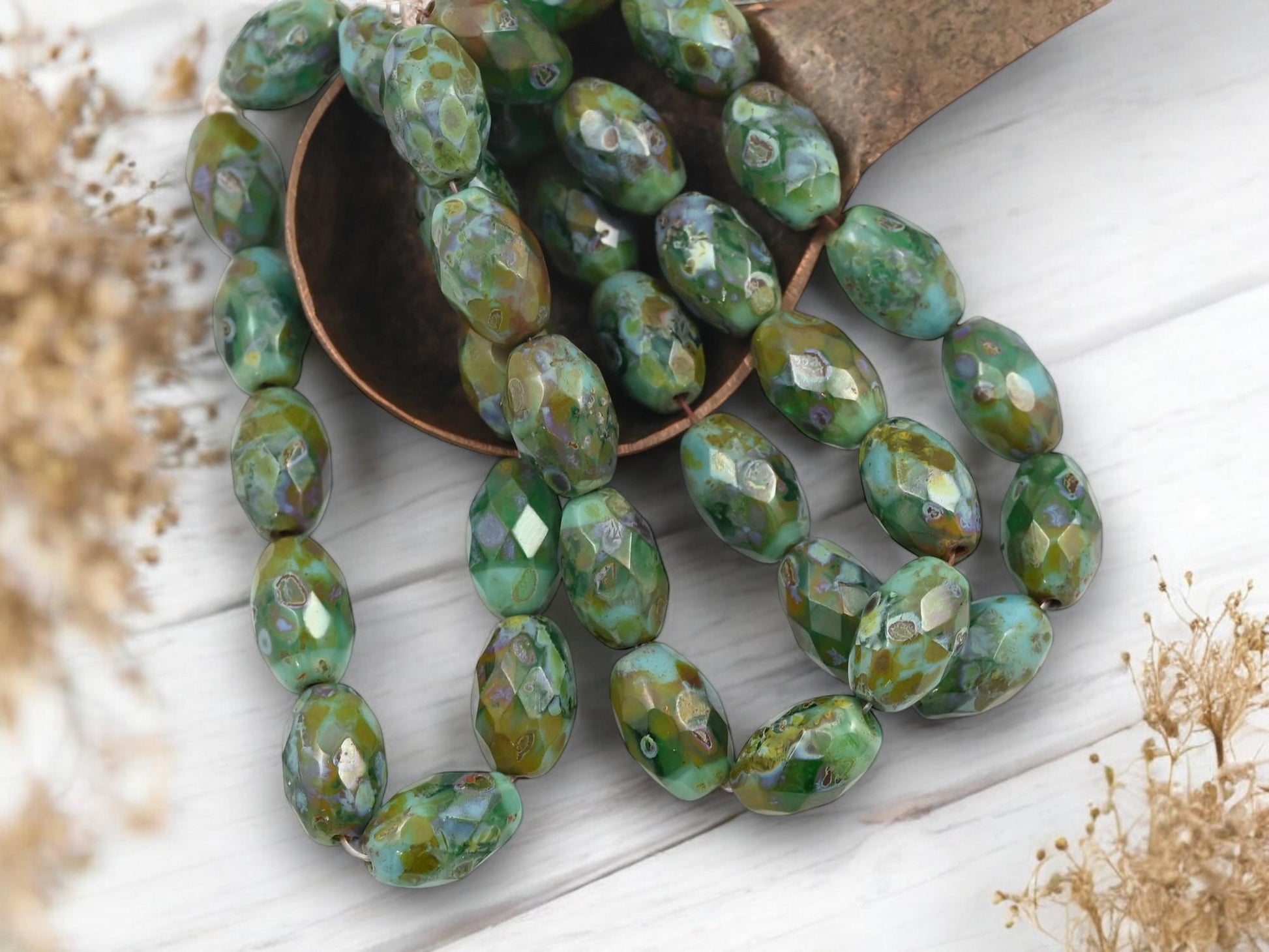 *12* 12x8mm Mottled Turquoise Picasso Fire Polished Faceted Oval Beads