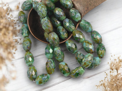 *12* 12x8mm Mottled Turquoise Picasso Fire Polished Faceted Oval Beads
