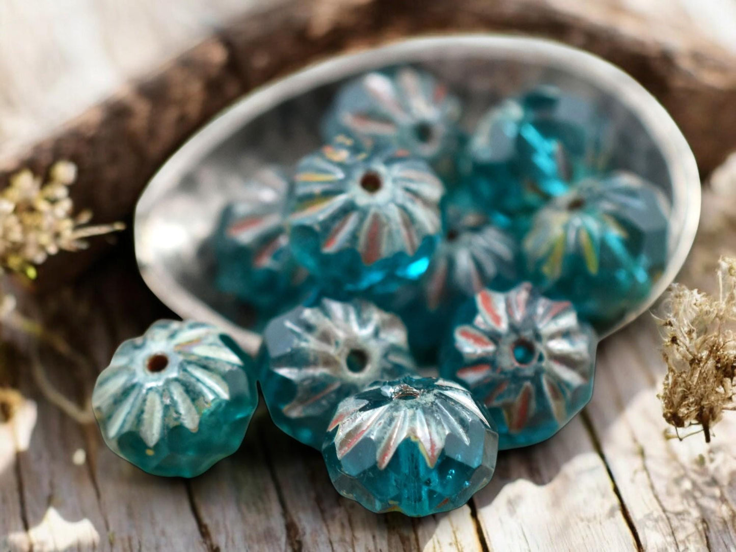 *25* 6x9mm Capri Blue Picasso Fire Polish Cruller Rondelle Beads