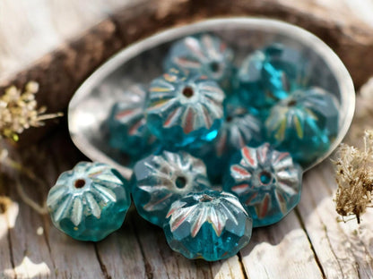 *25* 6x9mm Capri Blue Picasso Fire Polish Cruller Rondelle Beads