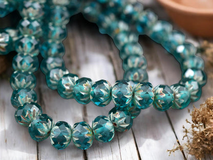 *25* 6x9mm Capri Blue Picasso Fire Polish Cruller Rondelle Beads