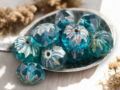 *25* 6x9mm Capri Blue Picasso Fire Polish Cruller Rondelle Beads