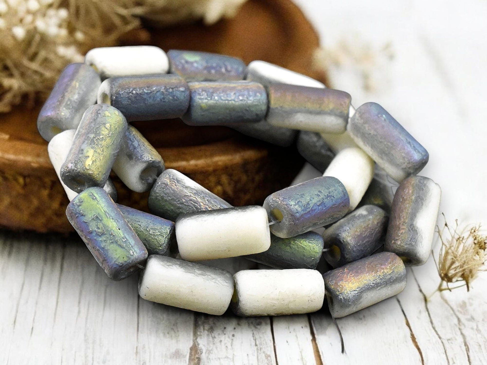 *10* 14x7mm Etched Bone White AB Large Hole Tube Beads