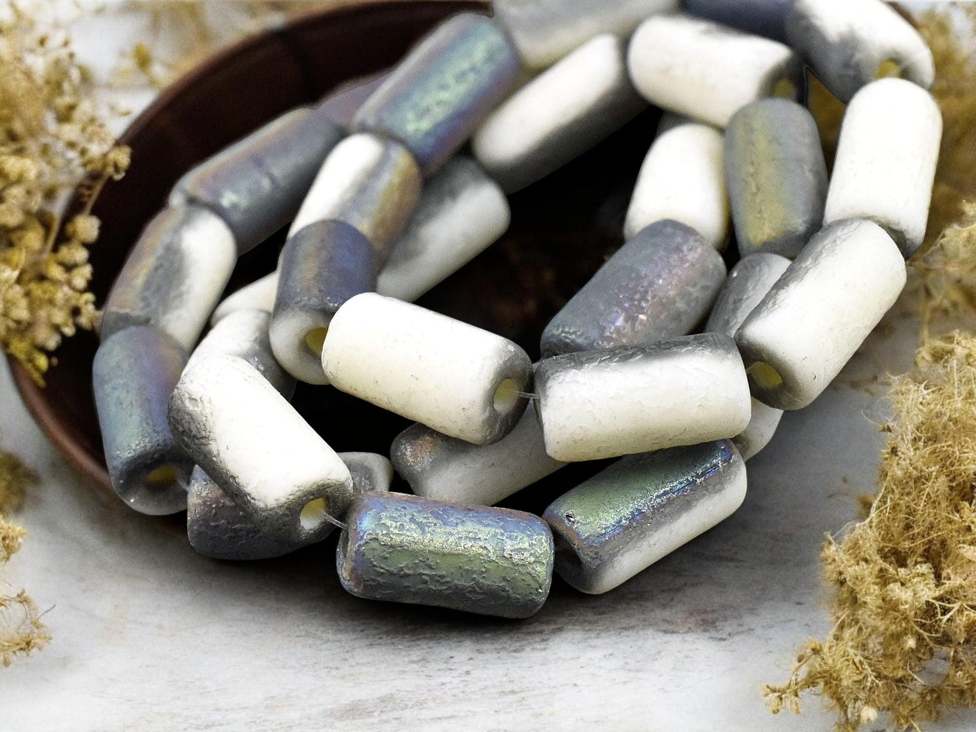 *10* 14x7mm Etched Bone White AB Large Hole Tube Beads