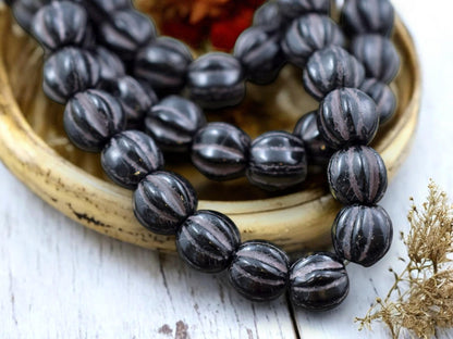 *25* 6mm Brown Washed Jet Black Large Hole Melon Beads